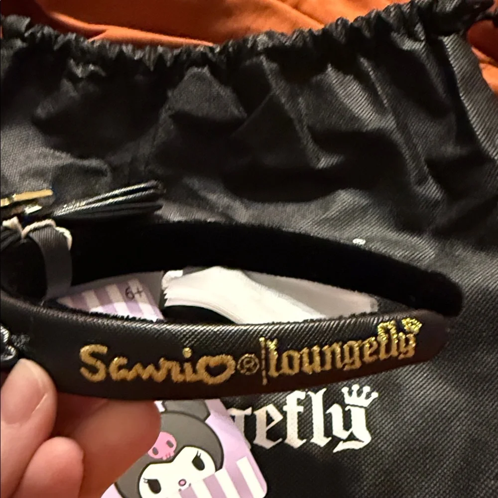 Loungefly Kuromi Black Faux-Leather Cat Ear Headband with Pink Skull Bow - Picture 2 of 7